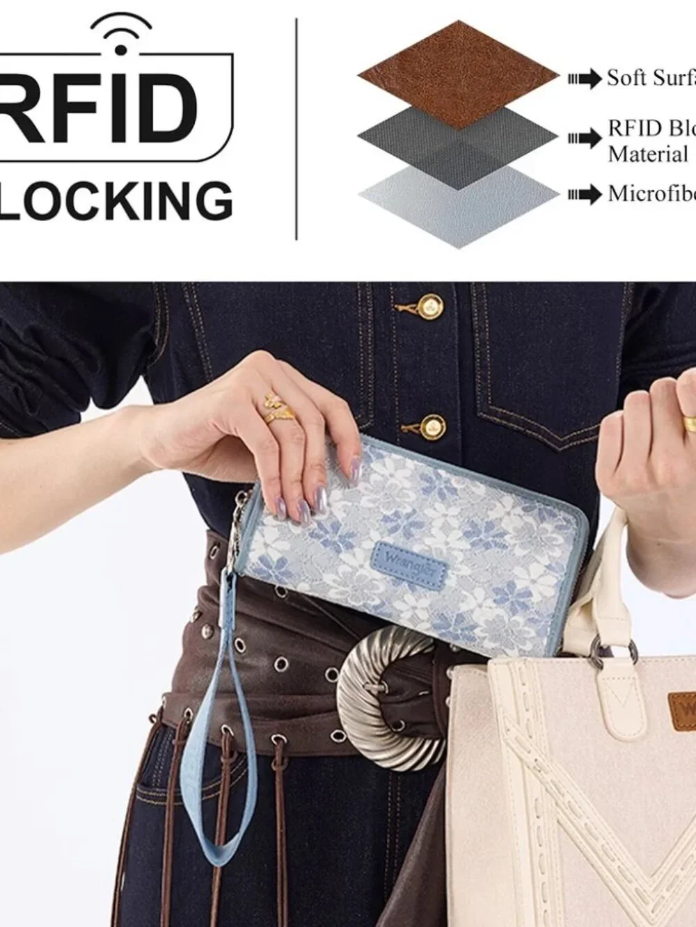 Wrangler Lace Floral RFID Blocking Zip Around Wallet - Jean